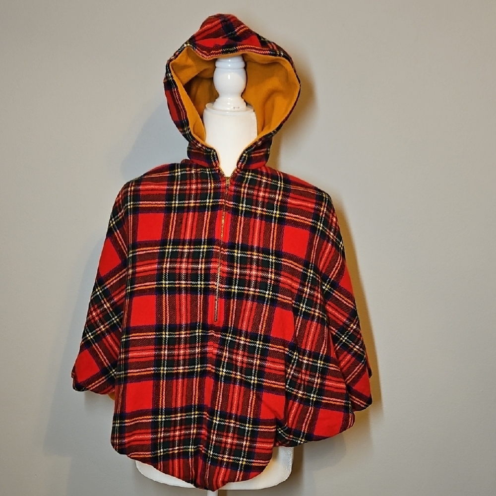 Reversible Plaid Hooded Jacket - Red and Yellow Fall Poncho Style